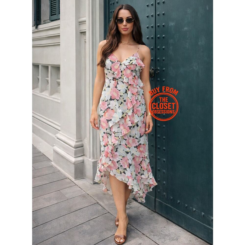 Zara NWT Floral Ruffle Asymmetrical High Low Strappy Midi Dress M - Picture 2 of 16